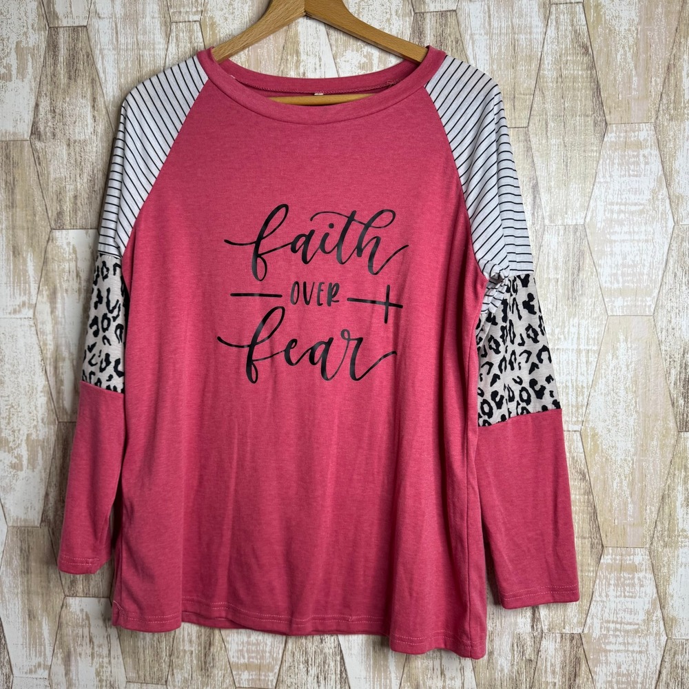 Faith Over Fear Pink Raglan Long Sleeve Shirt Womens Large Striped Leopard Print